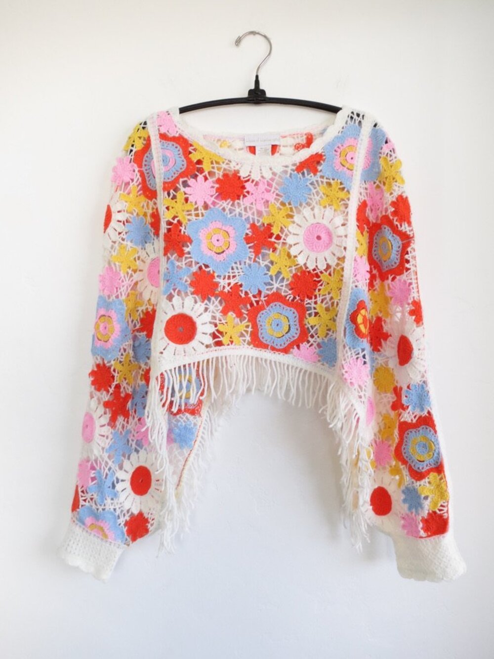 House of Harlow Crochet 1960 Floral Crochet Fringe Sweater One Size NWOT
